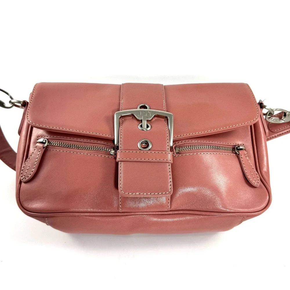 Jones New York Dusty Rose Pink Leather Shoulder Bag Buckle Baguette Purse - Picture 4 of 11